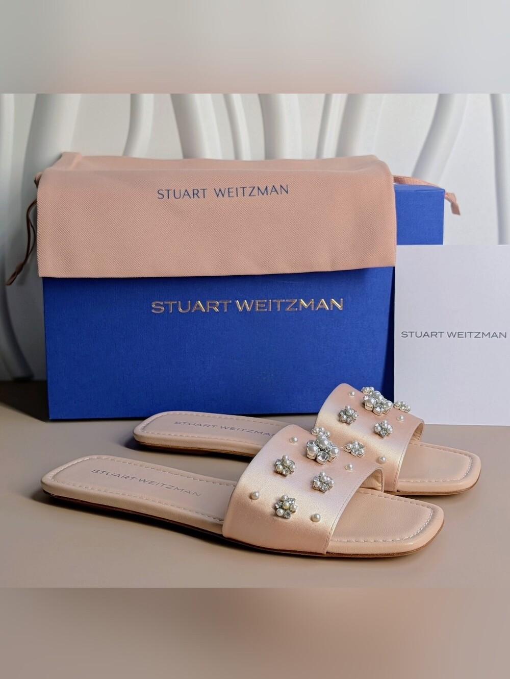 NWT Stuart Weitzman Poppy Embellished Slide Sandals Blush Pearl Crystal Size 8